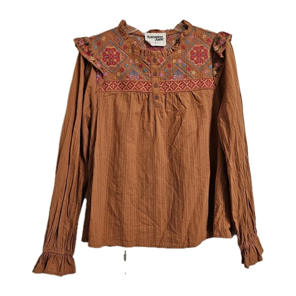 Savanna Jane Rust Brown Embroidered Yoke Blouse